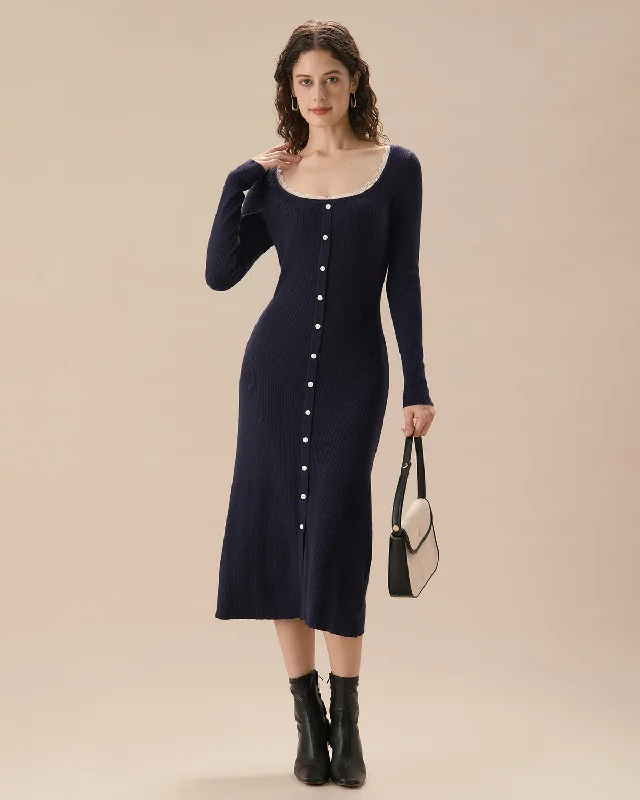 Women's Shawl Collar SweatersNavy Contrasting Button-Up Sweater Dress