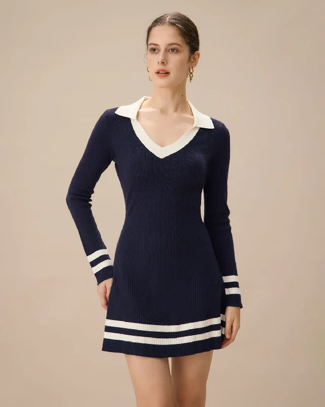 Women's Azerbaijani Wool SweatersNavy Contrasting V Neck Striped Sweater Dress