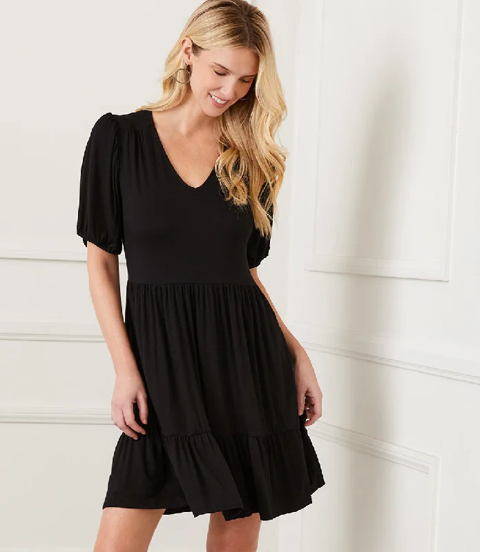 Women's Wide-Neck DressesPuff Sleeve Tiered Dress