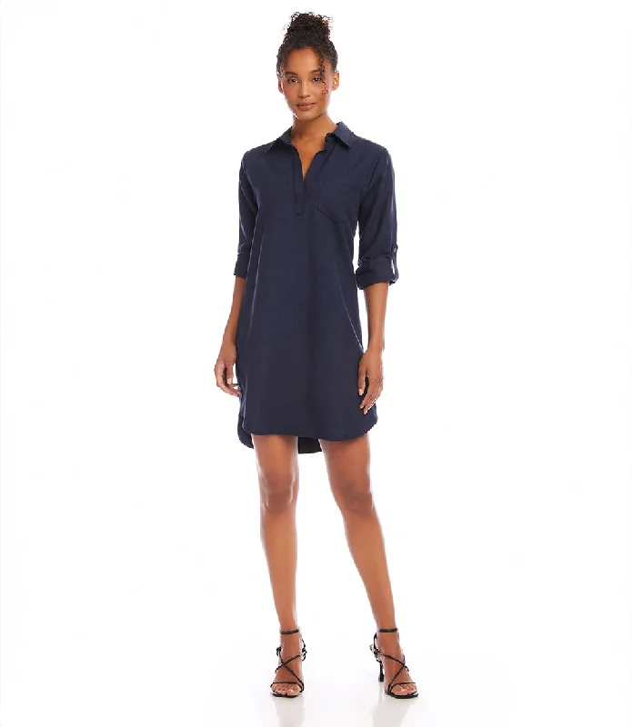 Women's V-Shaped-Neck DressesRoll Tab Sleeve Shirtdress