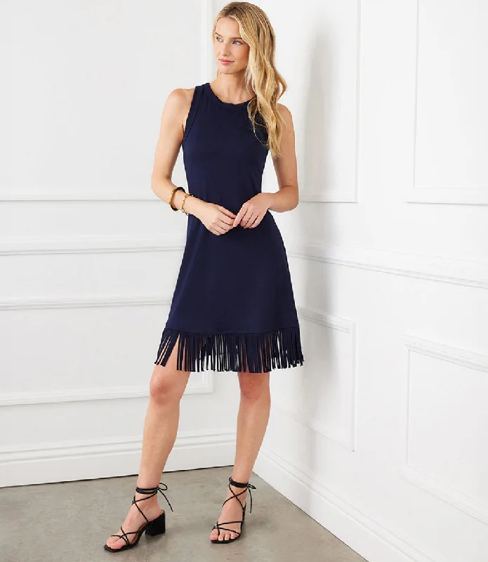 Women's Narrow Collar DressesSleeveless Fringe Hem Dress