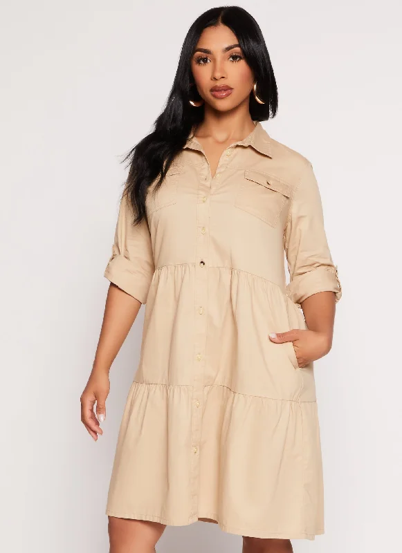 Women's Low Collar DressesTwill Button Front Tiered Shirt Dress