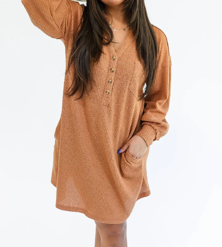 Women's Blouse with Lapel CollarEasy Days Waffle Tee Dress In Camel