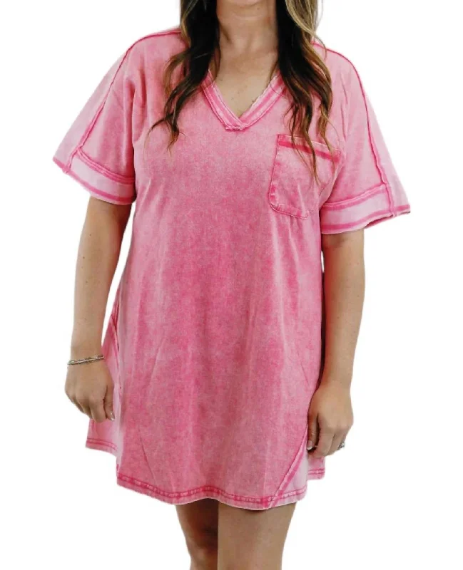 Women's Blouse with ShirringWashed Knit Tee Dress In Hot Pink