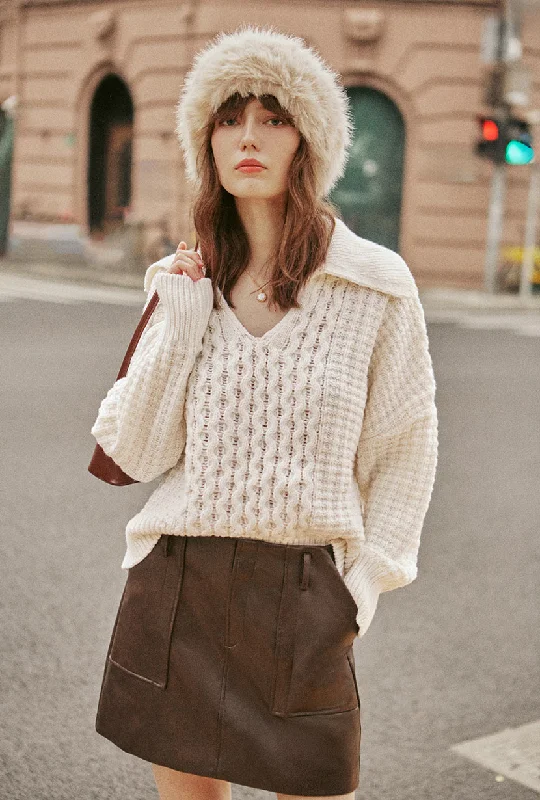 Women's Blouse with Rounded HemBlanca Wool Sweater - Ivory