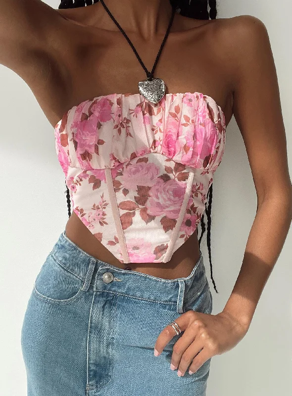 Women's Blouse with Peter Pan CollarSharna Bustier Top Pink Floral