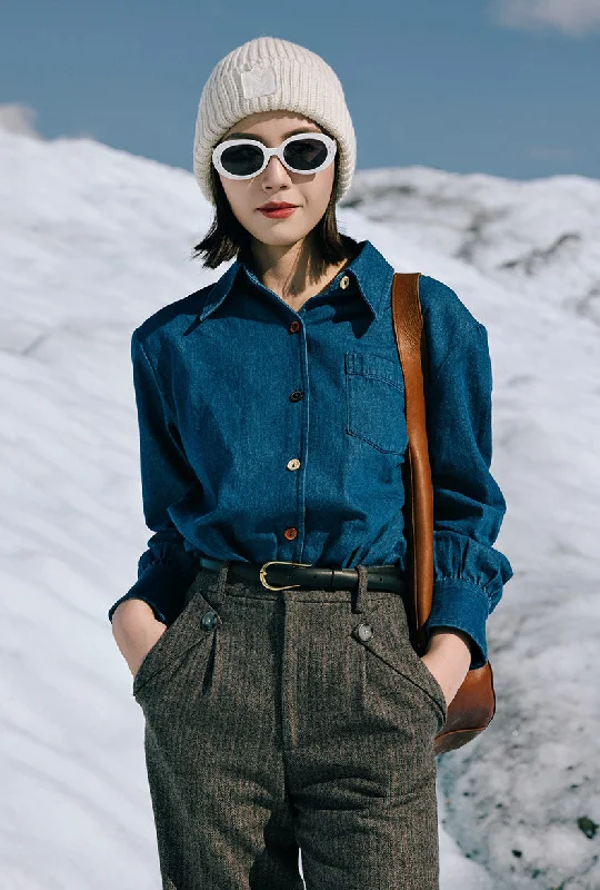 Women's Blouse with High CollarVincent Blouse - Denim Blue