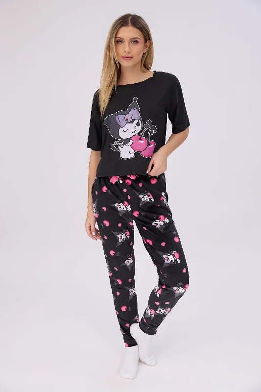 elegant women's satin pajamasKuromi Super Soft Pajama Tee And Velour Pajama Jogger 2-Piece Set