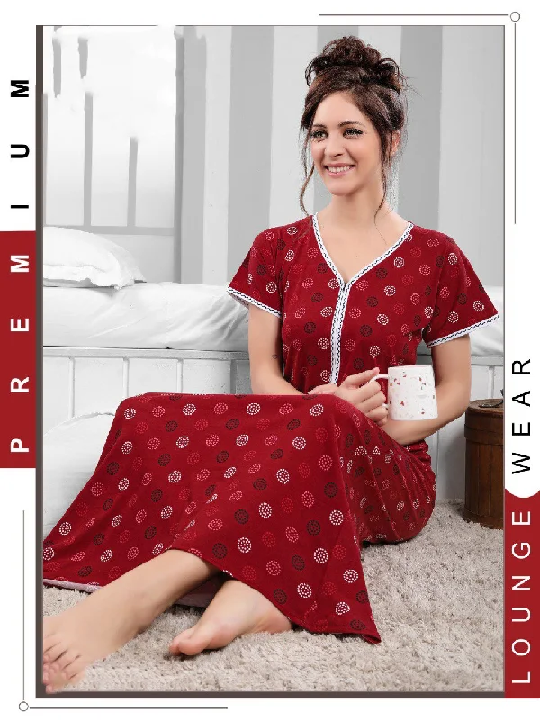 women's pajamas with a touch of luxuryCotton Long Maroon Nighty Night wear for Women