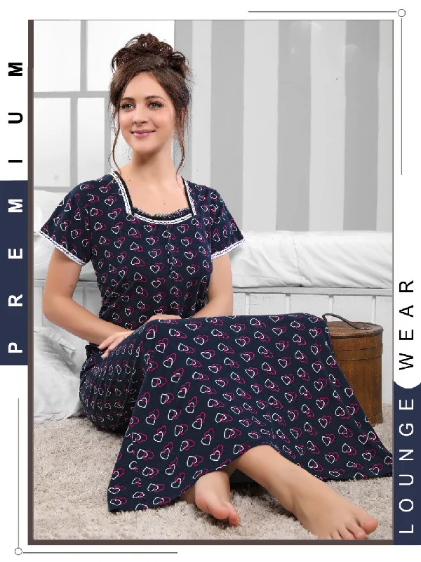 women's pajamas with a playful printCotton Long Dark Blue Nighty Night wear for Women