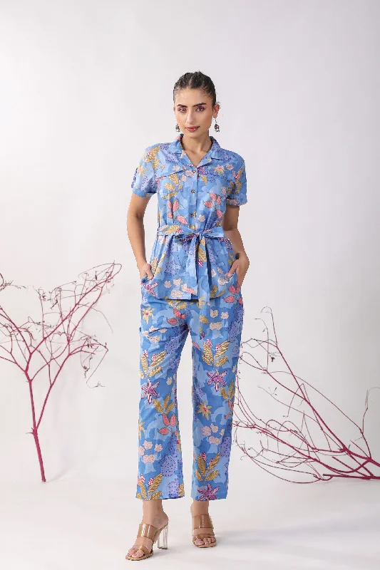 women's pajamas for the holidaysFlowers on Blue Cotton Loungewear Top Set