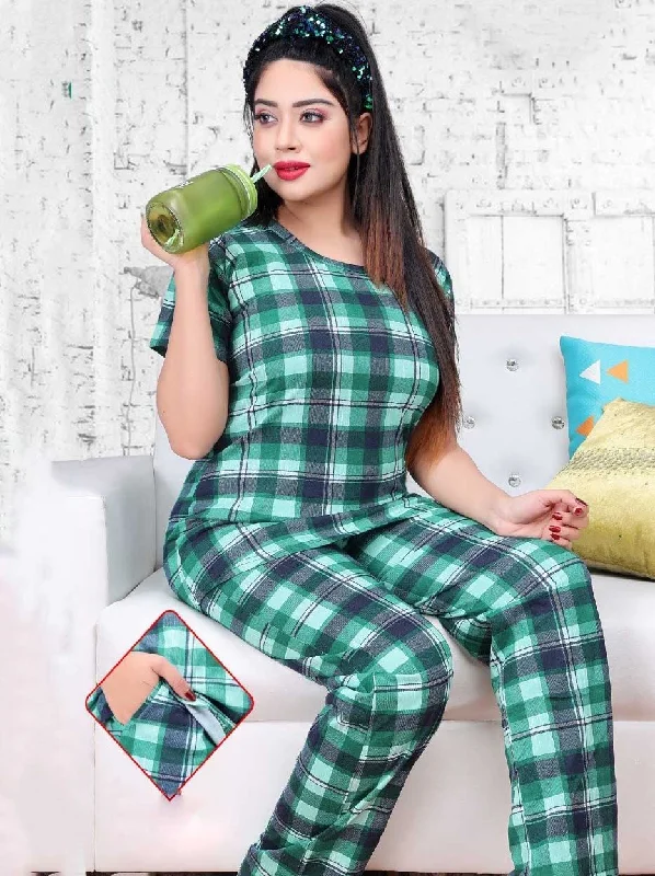 women's pajamas with a perfect blend of style and comfortGreen Checked Night suit for ladies with long Top and Pockets