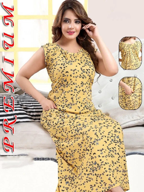 elegant women's satin pajamasPure Cotton Printed Yellow Nighty Nightwear for Woman