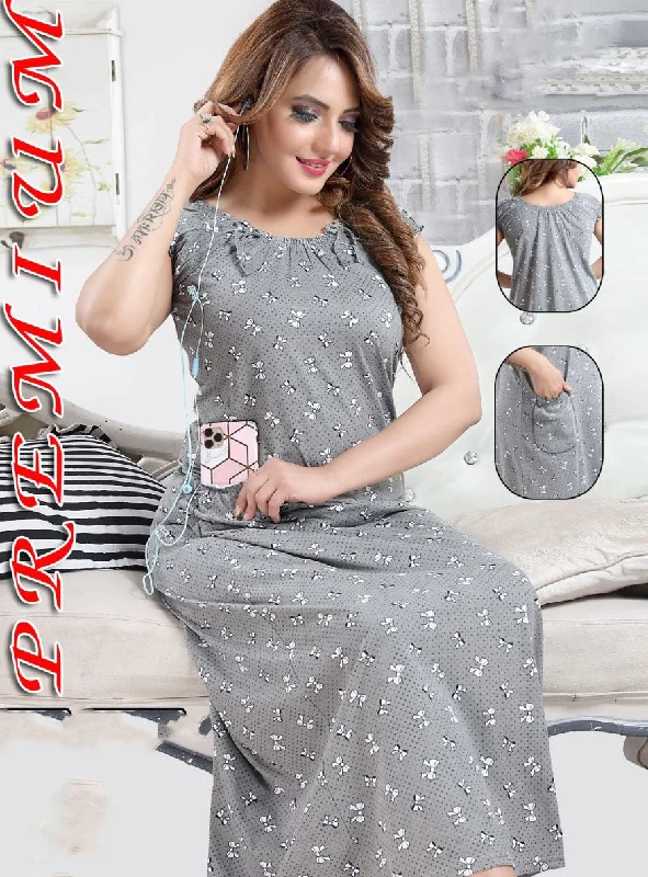 women's cotton pajama setsPure Cotton Printed Grey Nighty Nightwear for Woman