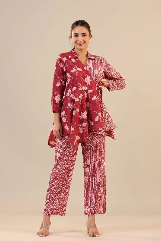 women's pajamas with a touch of eleganceStripes with Florals on Red  Knot Cotton Loungewear Set